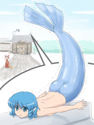 Rule 34 | 2girls, arms at sides, ass, blue eyes, blue hair, breast press, completely nude, day, deformed, fins, fish tail, hakurei reimu, head fins, highres, lying, mermaid, monster girl, multiple girls, nude, on stomach, outdoors, shachihoko, shaded face, shirosato, sweat, tail, touhou, translation request, trembling, wakasagihime