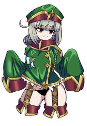 1girl absurdres ahoge araga_kiwi black_panties brown_garter_straps coat commentary cropped_legs green_hat green_jacket grey_hair hair_bun hands_up hat hat_ornament highres jacket koshou_shou_mitsu leoparde_(mahou_shoujo_ni_akogarete) long_sleeves lowleg lowleg_panties mahou_shoujo_ni_akogarete military_coat mole mole_under_eye panties purple_eyes simple_background sleeves_past_fingers sleeves_past_wrists smile solo star_(symbol) star_hat_ornament underwear white_background