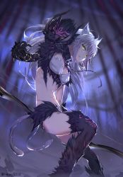 Rule 34 | 1girl, absurdres, agrius metamorphosis, animal ears, atalanta (fate), atalanta alter (fate), black thighhighs, bow (weapon), breasts, cat ears, cleavage, collar, fangs, fate/grand order, fate (series), fur, fur trim, grey hair, highres, holding, holding bow (weapon), holding weapon, long hair, medium breasts, reluvy, slit pupils, solo, tail, teeth, thighhighs, twitter username, weapon, yellow eyes