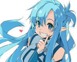 Rule 34 | 1girl, :d, aqua eyes, aqua hair, asuna (sao), asuna (sao-alo), bare shoulders, blue dress, blue eyes, blue hair, blue sleeves, braid, breasts, commentary request, detached sleeves, dress, finger to mouth, floating hair, french braid, grin, hair between eyes, hand up, heart, high collar, index finger raised, long hair, looking at viewer, medium breasts, open mouth, pointy ears, ponytail, shikei, simple background, smile, solo, sword art online, two-tone dress, upper body, white background, white dress, white sleeves