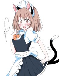Rule 34 | ..., 1girl, :d, alternate costume, animal ear fluff, animal ears, blush, brown eyes, brown hair, cat ears, cat tail, chen, cowboy shot, enmaided, eyelashes, from side, hand on own chest, highres, looking at viewer, maid, maid headdress, multiple tails, nekomata, open mouth, shiisuu rattamu, short hair, simple background, smile, solo, spoken ellipsis, tail, touhou, two tails, white background