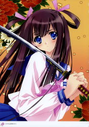 Rule 34 | 1girl, absurdres, blue eyes, blush, brown hair, carnelian, copyright request, hair rings, highres, holding, holding weapon, katana, long hair, looking away, school uniform, serafuku, serious, solo, sword, translation request, weapon