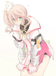Rule 34 | 10s, 1girl, alisha diphda, armor, blush, brown hair, covering privates, embarrassed, gloves, green eyes, heke, jacket, princess, short hair, side ponytail, skirt, solo, tales of (series), tales of zestiria, white background