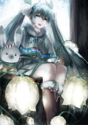 Rule 34 | 1girl, boots, capelet, flower, fur trim, hatsune miku, headset, lily of the valley, long hair, sitting, snowdrop (flower), snowflake print, solo, twintails, vocaloid, yuki miku, yukine (vocaloid), yuuichi (4561643)