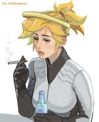 Rule 34 | 1girl, artist name, bags under eyes, blonde hair, bodysuit, bottle, breasts, cigarette, commentary, depressed, earrings, empty eyes, english commentary, glass bottle, halo, high ponytail, highres, holding, holding bottle, holding cigarette, jewelry, lips, looking down, mechanical halo, medium breasts, mercy (overwatch), overwatch, overwatch 1, pearl earrings, ponytail, short hair, sitting, smoke, smoking, solo, twitter username, upper body, wallace pires, white bodysuit