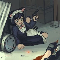 Rule 34 | 10s, 1girl, :d, animal ears, animated, animated gif, artist request, bad id, bad tumblr id, barrel, beretta 92, black hair, black legwear, blinking, blood, cat ears, claw pose, corpse, corrugated galvanized iron sheet, cyan (show by rock!!), firing, gloves, green eyes, gun, handgun, holding, holding gun, holding weapon, laser, laser pointer projection, laser sight, looking down, maid, maid headdress, mary janes, open mouth, pink ribbon, ribbon, shoes, short hair, show by rock!!, sitting, smile, solo, striped clothes, striped legwear, striped thighhighs, thighhighs, weapon, white legwear