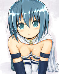 Rule 34 | 10s, 1girl, all fours, armband, bare shoulders, blue eyes, blue hair, blush, breasts, cape, cleavage, detached sleeves, downblouse, hanging breasts, head tilt, inou eita, looking at viewer, magical girl, mahou shoujo madoka magica, mahou shoujo madoka magica (anime), matching hair/eyes, medium breasts, miki sayaka, parted lips, short hair, solo, thighhighs, zettai ryouiki