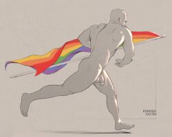 Rule 34 | 1boy, absurdres, artist name, ass, bara, completely nude, flaccid, flag, henrique ilustra, highres, holding, holding flag, large pectorals, lgbt pride, male focus, muscular, muscular male, nude, original, pectorals, penis, pride month, rainbow flag, short hair, simple background, solo, testicles, thick thighs, thighs