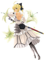 Rule 34 | 00s, 1girl, ahoge, aqua eyes, armor, armored dress, armpits, artoria pendragon (all), artoria pendragon (fate), back, bare back, bare shoulders, blonde hair, bow, capcom, detached sleeves, dress, fate/stay night, fate/unlimited codes, fate (series), flower, from behind, gauntlets, greaves, hair bow, hair ribbon, high heels, highres, holding, lily (flower), looking at viewer, looking back, ponytail, prime, ribbon, saber (fate), saber lily, sheath, short hair, simple background, solo, standing, sword, type-moon, weapon, white background