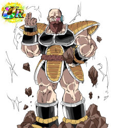 Rule 34 | 1boy, beard, brown hair, commentary, cosplay, denken (sousou no frieren), facial hair, hand on own hip, hand up, highres, looking at viewer, muscular, muscular male, mustache, nappa, nappa (cosplay), perutore, rock, saiyan armor, scouter, sketch, solo, sousou no frieren, white background