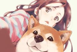 Rule 34 | 1girl, bad id, bad pixiv id, brown eyes, brown hair, dog, dutch angle, face, forehead, motion blur, original, photobomb, shiba inu, striped clothes, striped sweater, sweater, triangle mouth, yuu (warm water)