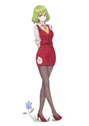 Rule 34 | 1girl, arms behind back, ascot, blue flower, breasts, bright pupils, closed mouth, daisy, flower, full body, green hair, hair between eyes, high heels, kazami yuuka, large breasts, looking at viewer, necktie, pantyhose, plaid, plaid skirt, plaid vest, red eyes, red footwear, red vest, shoes, short hair, skirt, skirt set, sleeves past elbows, sleeves rolled up, smile, solo, tohoyuukarin, touhou, vest, walking, white background, white flower, white pupils, yellow necktie