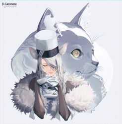 Rule 34 | 1girl, arknights, brown sleeves, cat, commentary, cropped torso, english commentary, fur collar, gloves, grey background, hair over one eye, highres, jacket, long hair, long sleeves, looking to the side, lufi ays, own hands together, santalla (arknights), simple background, slit pupils, smile, whiskers, white background, white gloves, white hair, white jacket, yellow eyes