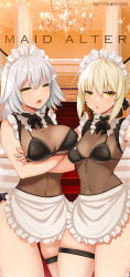 Rule 34 | 2girls, apron, artoria pendragon (all), artoria pendragon (fate), bikini, blonde hair, braid, breasts, chandelier, cleavage, covered navel, crossed arms, detached collar, fate/grand order, fate (series), glaring, highres, indoors, jeanne d&#039;arc (fate), jeanne d&#039;arc alter (avenger) (fate), jeanne d&#039;arc alter (fate), large breasts, maid, maid apron, maid bikini, maid headdress, multiple girls, open mouth, saber alter, see-through, see-through shirt, short hair, side ahoge, small breasts, spiz, stairs, swimsuit, thigh strap, thighs, unconventional maid, v-shaped eyebrows, white hair, yellow eyes