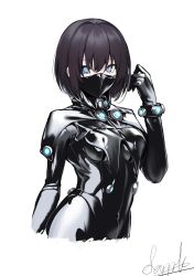 Rule 34 | 1girl, absurdres, artist self-insert, black gloves, black hair, black legwear, blue eyes, bodysuit, breasts, covered erect nipples, covered navel, gantz suit, gloves, hand up, highres, latex, latex bodysuit, looking at viewer, mask, neon lights, neon trim, original, shiny clothes, short hair, skin tight, small breasts, solo, spider apple, white background