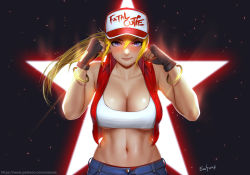 Rule 34 | 1girl, bangle, bare shoulders, baseball cap, blonde hair, blue eyes, blush, bracelet, breasts, cleavage, crop top, easonx, fatal fury, fighting stance, fingerless gloves, genderswap, genderswap (mtf), gloves, hat, jacket, jewelry, large breasts, looking at viewer, midriff, navel, open clothes, shorts, sleeveless, smile, snk, solo, star (symbol), stomach, terry bogard, the king of fighters