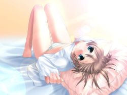 Rule 34 | 1girl, animal ears, bed, blue eyes, breasts, brown hair, cleavage, no pants, panties, pillow, small breasts, solo, striped clothes, striped panties, underwear, wallpaper