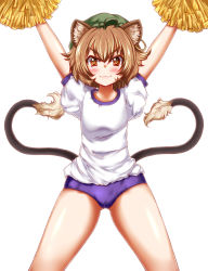 Rule 34 | &gt;:3, 1girl, :3, alternate costume, animal ears, arms up, blush, brown eyes, brown hair, cat ears, cat girl, cat tail, cheerleader, chen, ear piercing, earrings, female focus, gym uniform, hat, highres, jewelry, looking at viewer, multiple tails, nekomata, piercing, pom pom (cheerleading), puffy sleeves, shirt, short shorts, short sleeves, shorts, simple background, single earring, solo, tail, touhou, v-shaped eyebrows, white background, zan (harukahime)