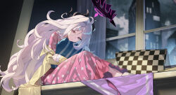 Rule 34 | 1girl, absurdres, black horns, blue archive, demon horns, grey hair, halo, highres, hina (blue archive), hina (pajamas) (blue archive), horns, indoors, long hair, long sleeves, looking at viewer, multiple horns, official alternate costume, pajamas, parted lips, pillow, pink eyes, pink pajamas, polka dot, polka dot pajamas, slippers, solo, super h2o, very long hair, window