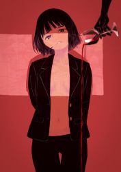 Rule 34 | 1girl, absurdres, alcohol, black coat, black hair, black pants, coat, cowboy shot, cup, deg (deguana), drinking glass, head tilt, highres, looking at viewer, original, pants, parted lips, pouring, purple eyes, red background, red theme, shadow, short hair, smile, solo, wine, wine glass