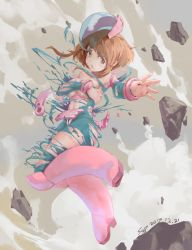 Rule 34 | 10s, 1girl, :o, boku no hero academia, breasts, broken, brown hair, covering privates, covering breasts, dated, kresop, looking at viewer, medium breasts, outstretched hand, pink footwear, solo, stone, torn clothes, uraraka ochako