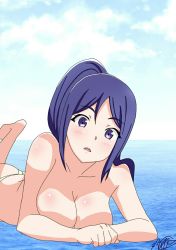 Rule 34 | 1girl, arm support, ass, barefoot, blush, breasts, cleavage, love live!, love live! sunshine!!, lying, matsuura kanan, medium breasts, on stomach, open mouth, purple eyes, purple hair, raised eyebrows, signature, solo, sora nyan, the pose, topless