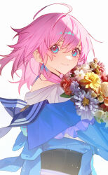 Rule 34 | 1girl, ahoge, blue eyes, blue jacket, bouquet, closed mouth, commentary, earrings, flower, frills, from side, hair between eyes, highres, holding, holding bouquet, honkai: star rail, honkai (series), jacket, jewelry, leaf, long sleeves, looking at viewer, march 7th (honkai: star rail), multicolored eyes, orange flower, pink eyes, pink flower, pink hair, purple flower, red flower, red rose, rose, shirt, short hair, shotgunman, simple background, smile, solo, standing, tied jacket, white background, white flower, white shirt, yellow flower