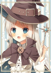 Rule 34 | 1girl, :d, alternate costume, belt, blue eyes, blush, bow, brown belt, brown bow, brown cloak, brown hat, center frills, cloak, commentary request, fang, frills, grey hair, hand up, haruchimo, hat, hat belt, highres, holding, holding wand, little busters!, long hair, long sleeves, looking at viewer, noumi kudryavka, open mouth, paid reward available, parted bangs, shirt, simple background, smile, solo, star (symbol), straight hair, striped, striped background, upper body, very long hair, wand, white shirt, witch hat