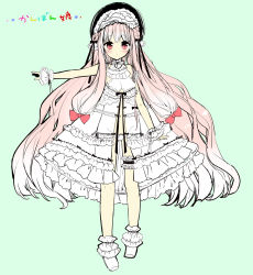 Rule 34 | 1girl, bad id, bad pixiv id, blush, bonnet, bow, center opening, dress, hair bow, highres, long hair, looking at viewer, monochrome, original, outstretched arm, panties, pink hair, sakiyo cake, sketch, socks, solo, underwear, very long hair