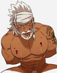 Rule 34 | 1boy, :q, abs, arm tattoo, arms behind back, bara, beard, blood, blood on face, blood on pectorals, blue eyes, braid, completely nude, dark-skinned male, dark skin, facial hair, final fantasy, final fantasy xiv, from above, headband, hyur, kalium (jojajoja99999), large pectorals, licking, long hair, lyon rem helsos, male focus, male pubic hair, mature male, muscular, muscular male, mustache, navel, nipples, nude, old, old man, pectorals, pubic hair, scar, scar on face, scar on nose, solo, stomach, tattoo, thick thighs, thighs, tongue, tongue out, white hair