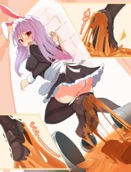 Rule 34 | 1girl, alternate costume, animal ears, apron, ass, black dress, black thighhighs, blush, brick wall, brown footwear, bucket, commentary request, commission, d:, dress, dutch angle, enmaided, from below, furrowed brow, hair between eyes, hand up, long hair, maid, maid headdress, multiple views, nose blush, open mouth, panties, petticoat, pink panties, pixiv commission, purple hair, rabbit ears, red eyes, reisen udongein inaba, solarisu, spill, tearing up, thighhighs, touhou, underwear, upskirt, very long hair, waist apron, wavy mouth, white apron