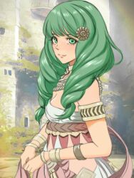 Rule 34 | 1girl, alternate costume, bare shoulders, breasts, dancer (fire emblem: three houses), drill hair, female focus, fire emblem, fire emblem: three houses, flayn (fire emblem), green eyes, green hair, hair ornament, hairclip, highres, looking at viewer, matching hair/eyes, mayan someya, medium breasts, nintendo, outdoors, solo, swept bangs, twin drills