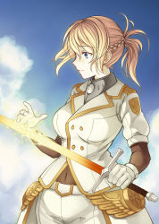 Rule 34 | 1girl, blonde hair, blue eyes, blue sky, bodystocking, braid, breasts, character request, cloud, cloud kingdom, covered navel, day, french braid, gloves, glowing, glowing sword, glowing weapon, highres, large breasts, lips, making-of available, pas (paxiti), short ponytail, sky, solo, sword, uniform, weapon, white gloves