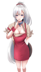 Rule 34 | 1girl, absurdres, apron, arm behind back, azur lane, belfast (azur lane), belfast (piping-hot perfection) (azur lane), braid, breasts, brown shirt, earrings, finger to mouth, french braid, hair ribbon, hand on back, highres, jewelry, long hair, looking at viewer, medium breasts, official alternate costume, open mouth, ponytail, purple eyes, red apron, red ribbon, ribbon, shirt, silver hair, solo, standing, white background, yuyuyu (yuyuyu ky)