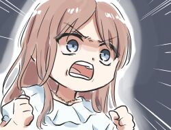 Rule 34 | 1girl, angry, bang dream!, bang dream! it&#039;s mygo!!!!!, blue eyes, brown hair, clenched hands, commentary request, jewelry, long hair, lyy, nagasaki soyo, necklace, open mouth, puffy short sleeves, puffy sleeves, shirt, short sleeves, sidelocks, solo, teeth, upper body, white shirt