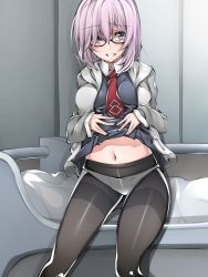 Rule 34 | 1girl, baron suzuki, black-framed eyewear, black pantyhose, blush, breasts, clothes lift, dress, dress lift, eyes visible through hair, fate/grand order, fate (series), glasses, hair over one eye, highres, jacket, long sleeves, looking at viewer, mash kyrielight, navel, necktie, open clothes, open jacket, panties, panties under pantyhose, pantyhose, purple eyes, purple hair, short hair, smile, solo, thighband pantyhose, underwear, white panties