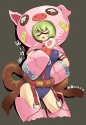 Rule 34 | 1girl, :o, absurdres, animal costume, armlet, button eyes, buttons, cho-hakkaimon, contrapposto, digimon, digimon (creature), digimon xros wars, digimon xros wars: toki wo kakeru shounen hunter-tachi, doughnut, eating, facepaint, fang, fanmianjun, food, green hair, grey background, highres, holding, holding food, mask, rope, short hair, simple background, solo, sprinkles, standing, swimsuit, teeth