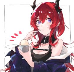 Rule 34 | 1girl, ^^^, arknights, bare shoulders, black dress, border, breasts, chest strap, cleavage, collarbone, cup, dress, eating, food, highres, holding, holding cup, horns, ice cream, jacket, long hair, looking at viewer, off shoulder, purple eyes, red hair, sidelocks, solo, spoon, surtr (arknights), upper body, utensil in mouth, white background, yakota (usuk-yako)