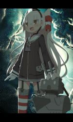 Rule 34 | 1girl, :d, amatsukaze (kancolle), blush, brown eyes, cloud, commentary request, cowboy shot, dress, garter straps, gloves, grey neckerchief, harau, hat, kantai collection, letterboxed, light particles, lightning, long hair, long sleeves, neckerchief, open mouth, red thighhighs, rensouhou-kun, sailor dress, silver hair, smile, standing, striped clothes, striped thighhighs, thighhighs, twintails, two side up, very long hair, white gloves