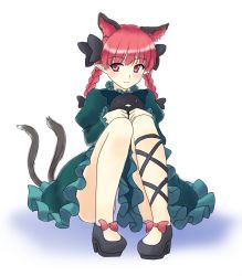 Rule 34 | 1girl, animal, animal ears, bird, black bow, black footwear, black ribbon, blunt bangs, blush, bow, braid, cat ears, cat tail, closed mouth, dress, extra ears, footwear bow, full body, green bow, green dress, hair bow, hair ribbon, high heels, holding, holding animal, holding bird, isaki (gomi), juliet sleeves, kaenbyou rin, knees together feet apart, knees up, leg ribbon, light smile, long hair, long sleeves, looking to the side, multiple tails, nekomata, petticoat, pigeon-toed, pointy ears, puffy sleeves, red bow, red eyes, red hair, reiuji utsuho, reiuji utsuho (bird), ribbon, shadow, simple background, sitting, solo, tail, touhou, tress ribbon, twin braids, twintails, two tails, white background