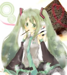 Rule 34 | 1girl, aoi (pixiv220348), aqua eyes, aqua hair, bad id, bad pixiv id, detached sleeves, food, green eyes, green hair, hatsune miku, long hair, lowres, matching hair/eyes, mono (recall), mouth hold, necktie, pocky, skirt, solo, twintails, vocaloid