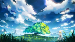 Rule 34 | 1girl, absurdres, blonde hair, blurry, blurry foreground, cloud, cloudy sky, commentary request, dandelion seed, day, depth of field, dress, from behind, genshin impact, grass, highres, landscape, lumine (genshin impact), mountain, mountainous horizon, outdoors, scenery, short hair, short hair with long locks, sky, solo, standing, tree, white dress, zi13591