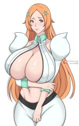 Rule 34 | 1girl, absurdres, bleach, bleach: sennen kessen-hen, breasts, cleavage, cleavage cutout, clothing cutout, collared shirt, detached sleeves, highres, inoue orihime, large breasts, orange hair, shirt, tagme