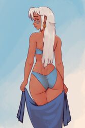 Rule 34 | 1girl, absurdres, artist name, ass, atlantis: the lost empire, bare shoulders, bikini, blue eyes, closed mouth, commentary, dark-skinned female, dark skin, earrings, english commentary, facial tattoo, from behind, highres, jewelry, kidagakash, long hair, looking at viewer, raichiyo33, smile, solo, strapless, strapless bikini, swimsuit, tattoo, thighs, white hair
