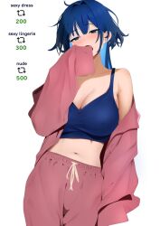 1girl blue_camisole blue_eyes blue_hair breasts camisole cleavage hololive hololive_english jacket large_breasts layunaart messy_hair multicolored_hair navel open_mouth ouro_kronii pants pink_pants purple_jacket simple_background sleeves_past_fingers sleeves_past_wrists solo sweatpants twitter_strip_game two-tone_hair virtual_youtuber white_background