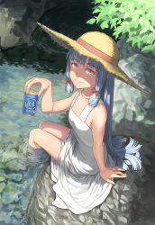 Rule 34 | 1girl, alcohol, alternate costume, beer, beer can, can, commentary request, day, drink can, hair ribbon, hat, highres, kantai collection, long hair, looking at viewer, murakumo (kancolle), nature, orange eyes, outdoors, ribbon, rock, sidelocks, silver hair, sitting, soaking feet, solo, straw hat, sun hat, taruya, tress ribbon, water