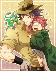 Rule 34 | 2boys, age regression, aged down, bad id, bad pixiv id, barefoot, blindfold, border, brown hair, carrying, child, closed eyes, earrings, gakuran, gloves, gradient background, grin, hand on own hip, hat, hierophant green, jewelry, jojo no kimyou na bouken, joseph joestar, joseph joestar (old), joseph joestar (young), kakyoin noriaki, male focus, moru, multiple boys, oversized clothes, red hair, school uniform, smile, stand (jojo), white gloves