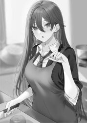 Rule 34 | 1girl, apron, blurry, blurry background, blush, breasts, cardigan, collared shirt, commentary request, cutting board, depth of field, diagonal-striped clothes, diagonal-striped necktie, ear piercing, earrings, greyscale, hair between eyes, hamu (plot sy), highres, holding, holding knife, indoors, jewelry, knife, looking at viewer, medium breasts, monochrome, necktie, original, parted lips, piercing, school uniform, shirt, short sleeves, solo, striped clothes, stud earrings, upper body