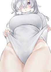 Rule 34 | 1girl, :o, blue eyes, blush, breasts, commentary request, from below, hair over one eye, heattech leotard, highres, kou mashiro, large breasts, leotard, long hair, long sleeves, looking at viewer, original, ribbed leotard, silver hair, simple background, solo, sweat, turtleneck, white background