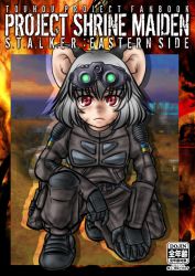 Rule 34 | 1girl, animal ears, bad id, bad pixiv id, female focus, five-seven (0verlimits), goggles, grey hair, mouse ears, nazrin, parody, red eyes, seva suit, short hair, solo, squatting, stalker (game), touhou, uniform